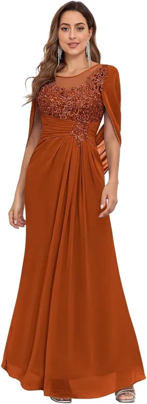 Lace Chiffon Mother of The Bride Dresses for Women Long Mermaid Cape Sleeve Formal Evening Gown