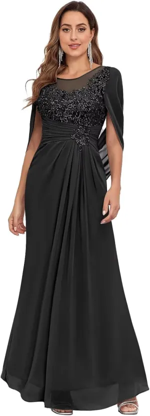 Lace Chiffon Mother of The Bride Dresses for Women Long Mermaid Cape Sleeve Formal Evening Gown