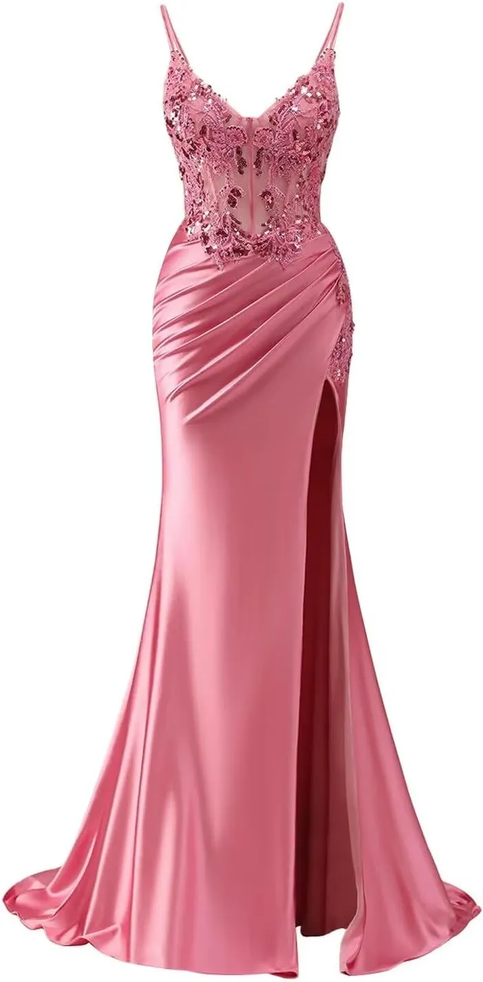 Lace Corset Prom Dresses for Women 2025 Spaghetti Straps Satin Formal Evening Gowns Mermaid Wedding Party Dress