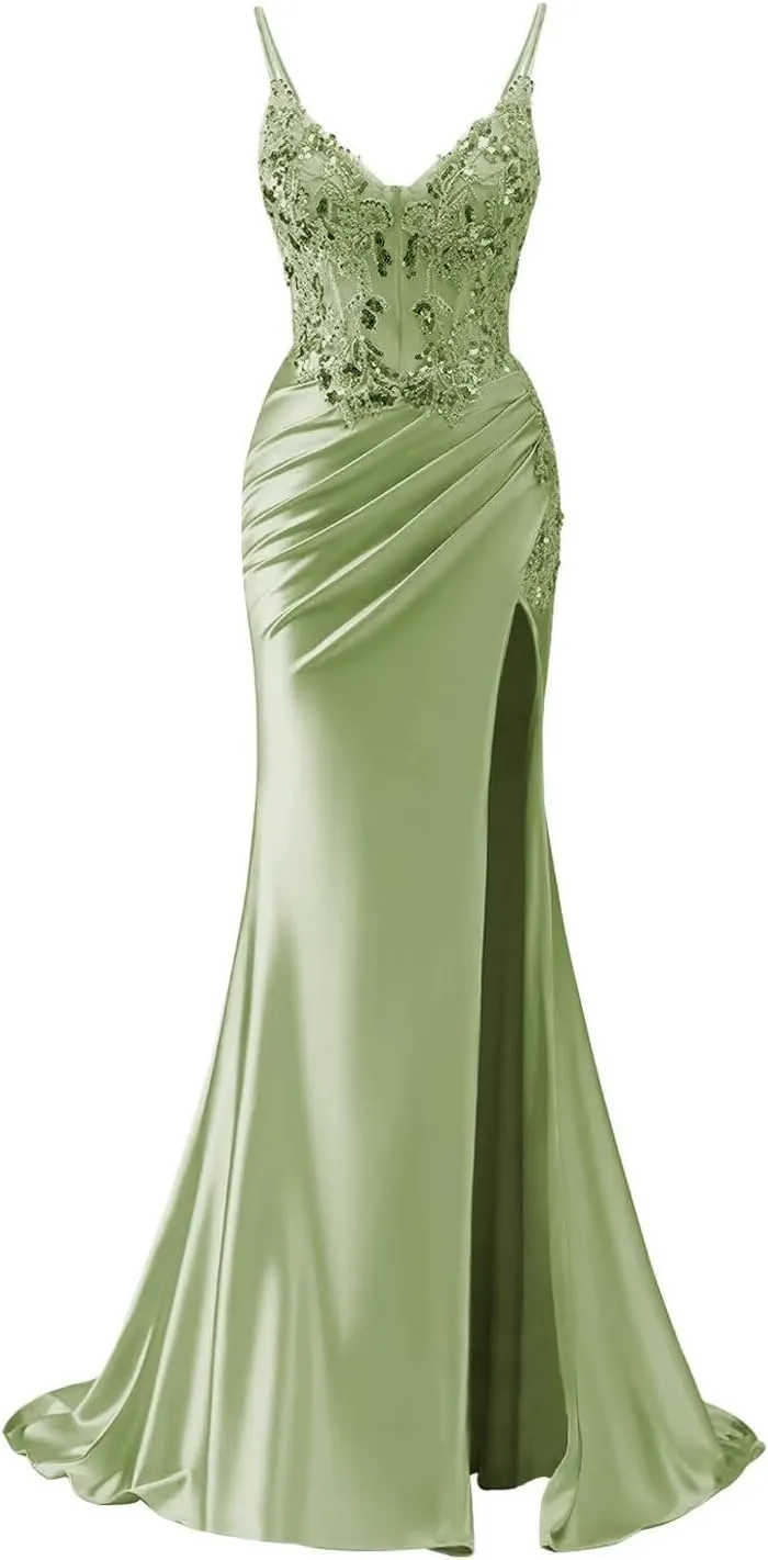 Lace Corset Prom Dresses for Women 2025 Spaghetti Straps Satin Formal Evening Gowns Mermaid Wedding Party Dress