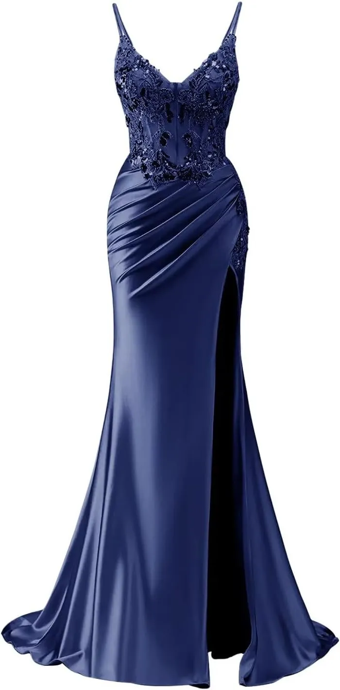 Lace Corset Prom Dresses for Women 2025 Spaghetti Straps Satin Formal Evening Gowns Mermaid Wedding Party Dress