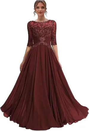 Lace Crew Neck Mother of The Bride Dress with Sleeves A Line Long Chiffon Wedding Guest Gowns with Appliques