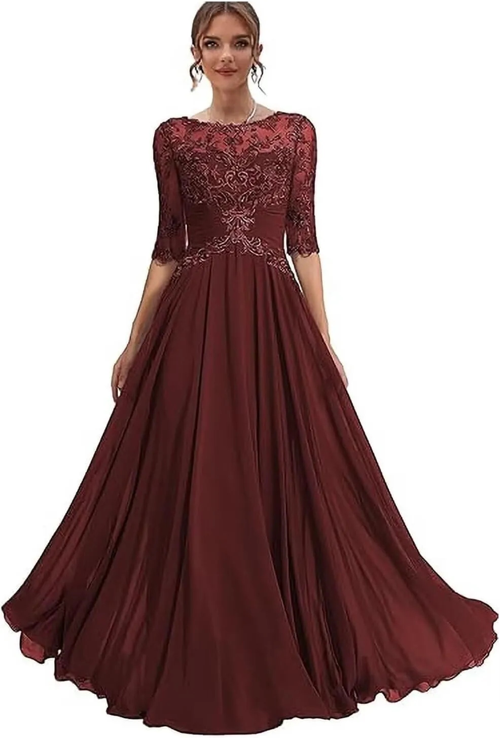 Lace Crew Neck Mother of The Bride Dress with Sleeves A Line Long Chiffon Wedding Guest Gowns with Appliques