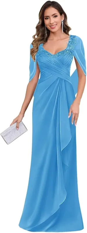 Lace Mother of The Bride Dresses with Cape Sleeves Chiffon Pleated Long Formal Evening Gown