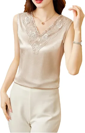 Lace Tank Top V Neck Casual Summer Women Sleeveless Vest Printed Embroidery Camisole