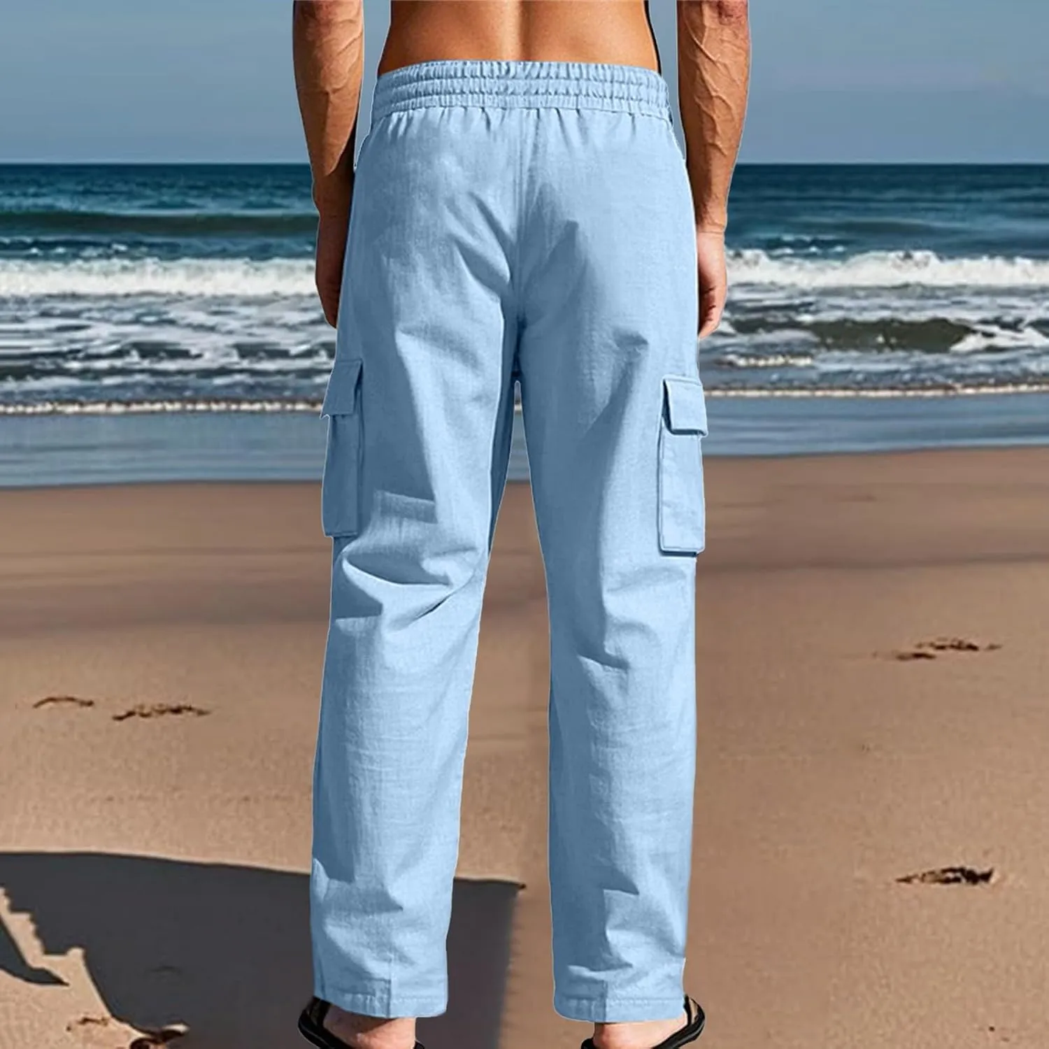 Linen Pants for Men Loose Fit Elastic Waist Drawstring Pants Slim Fit Casual Summer Lightweight Lounge Beach Trousers