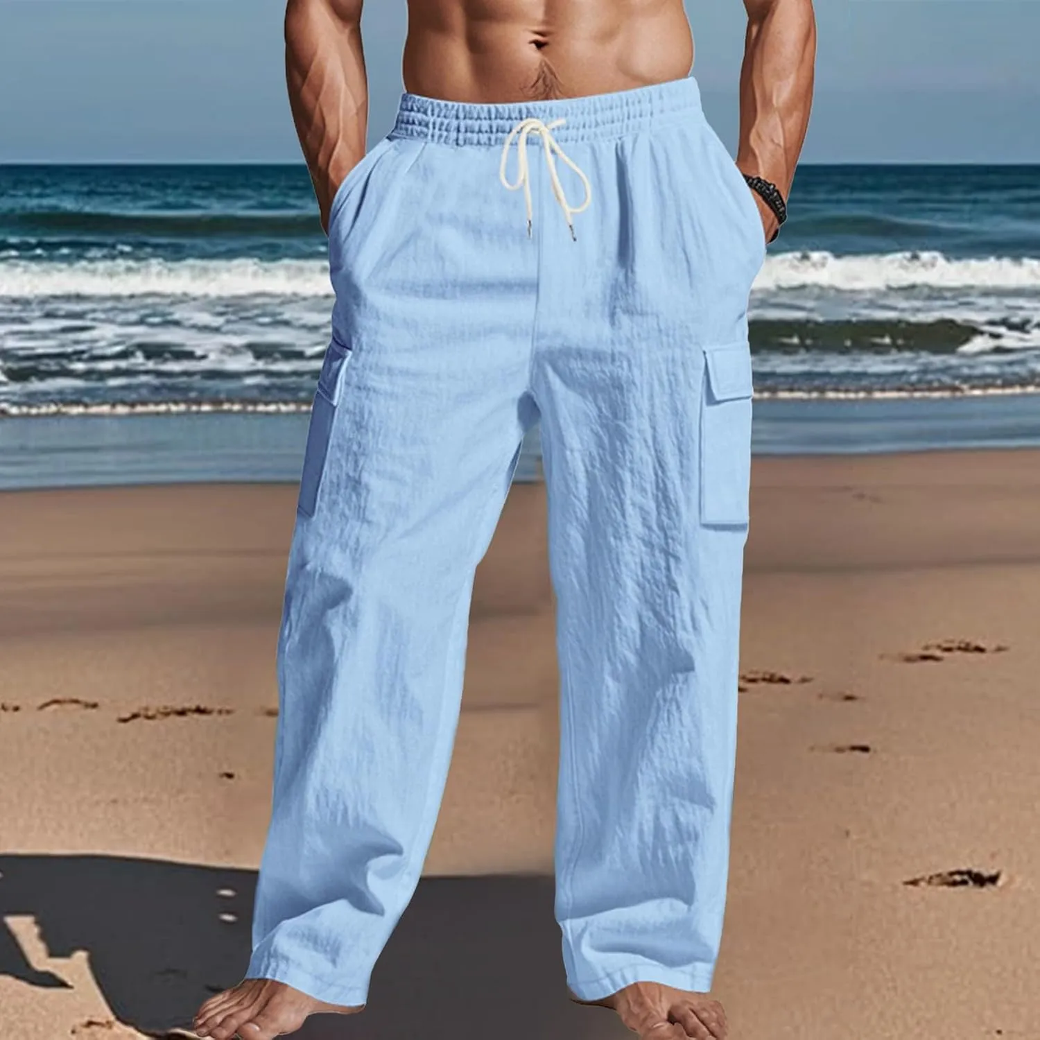 Linen Pants for Men Loose Fit Elastic Waist Drawstring Pants Slim Fit Casual Summer Lightweight Lounge Beach Trousers