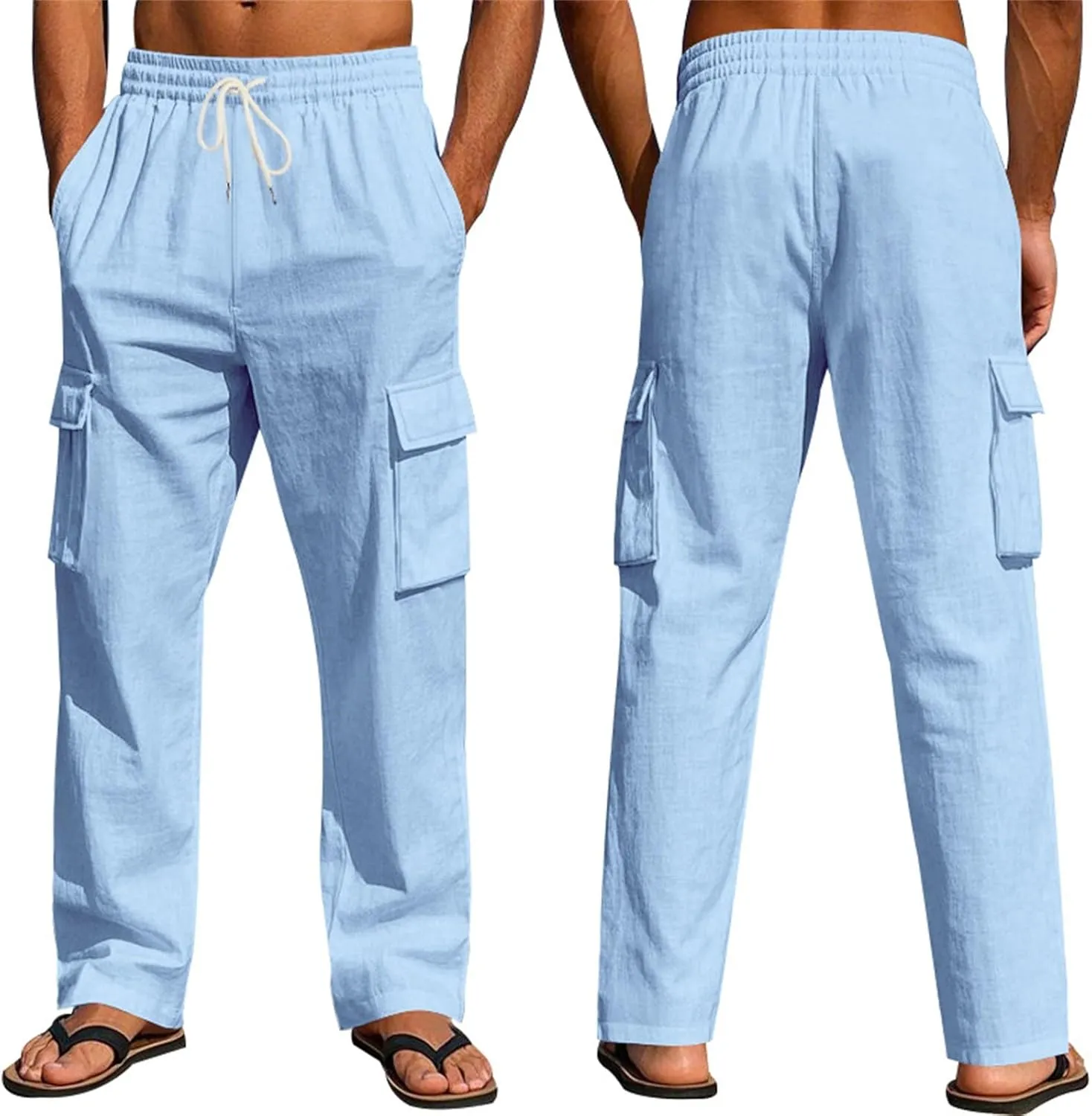 Linen Pants for Men Loose Fit Elastic Waist Drawstring Pants Slim Fit Casual Summer Lightweight Lounge Beach Trousers