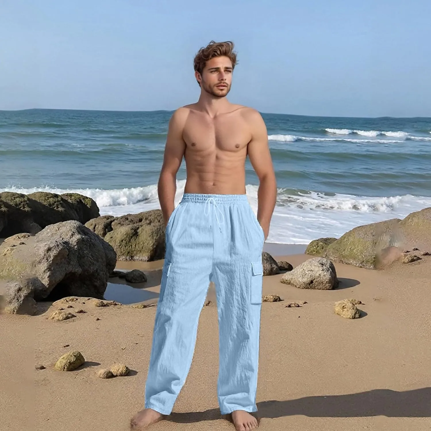 Linen Pants for Men Loose Fit Elastic Waist Drawstring Pants Slim Fit Casual Summer Lightweight Lounge Beach Trousers