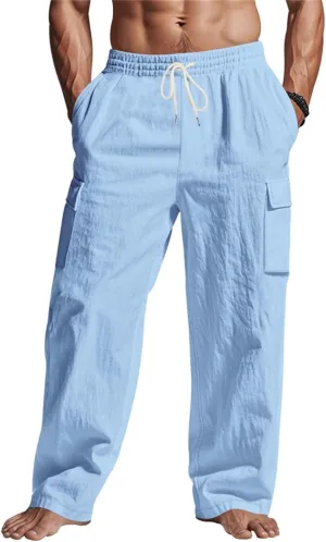 Linen Pants for Men Loose Fit Elastic Waist Drawstring Pants Slim Fit Casual Summer Lightweight Lounge Beach Trousers