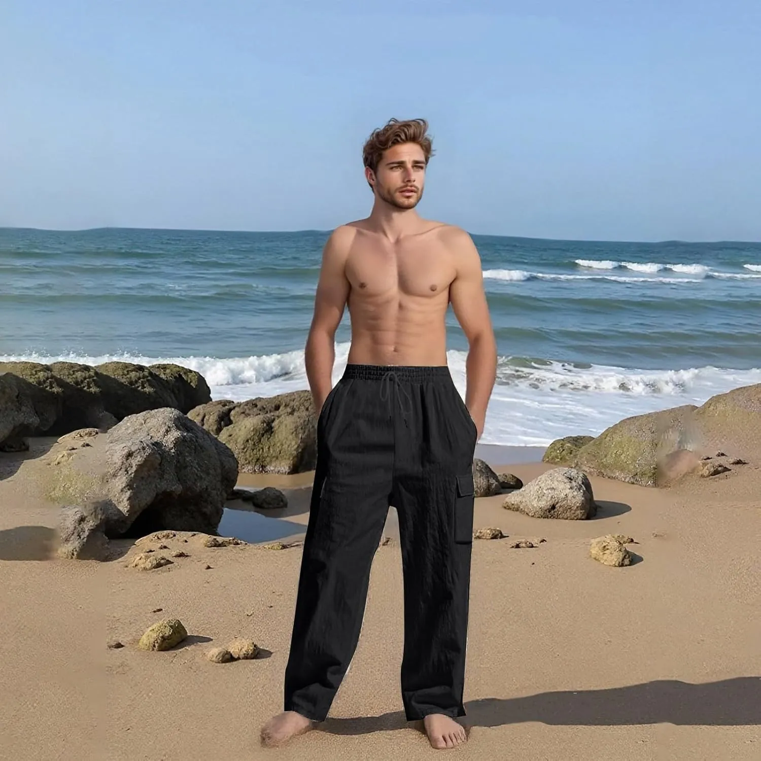 Linen Pants for Men Loose Fit Summer Elastic Waist Wide Leg Men's Pants Dress Drawstring Beach Casual Lounge Trousers