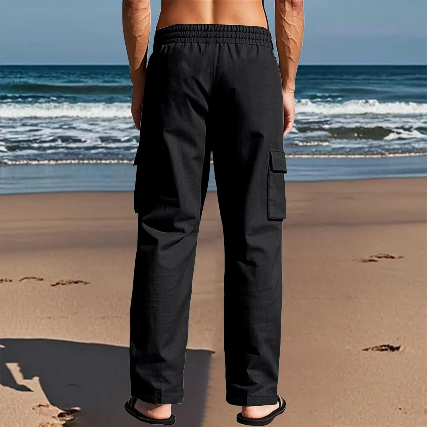 Linen Pants for Men Loose Fit Summer Elastic Waist Wide Leg Men's Pants Dress Drawstring Beach Casual Lounge Trousers