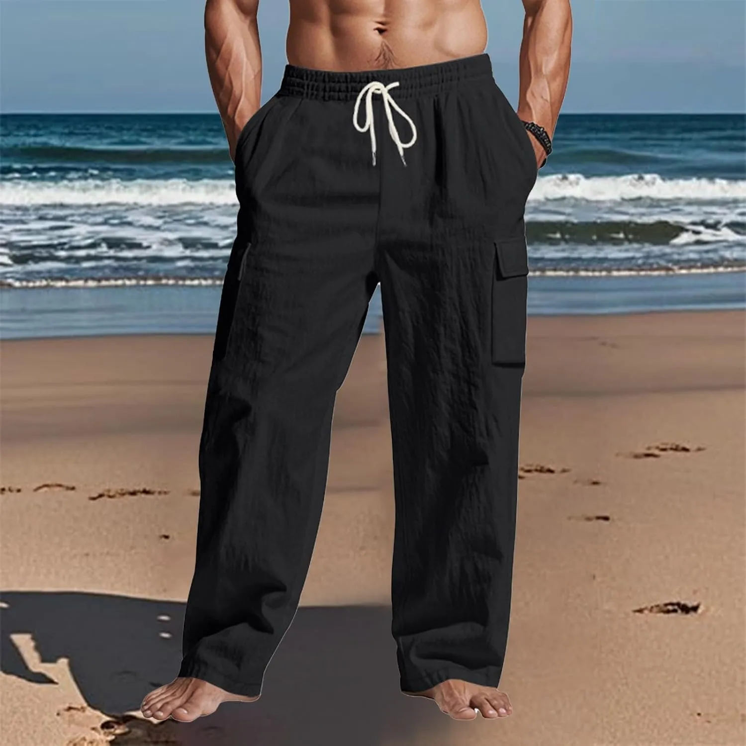 Linen Pants for Men Loose Fit Summer Elastic Waist Wide Leg Men's Pants Dress Drawstring Beach Casual Lounge Trousers