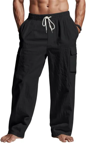 Linen Pants for Men Loose Fit Summer Elastic Waist Wide Leg Men's Pants Dress Drawstring Beach Casual Lounge Trousers