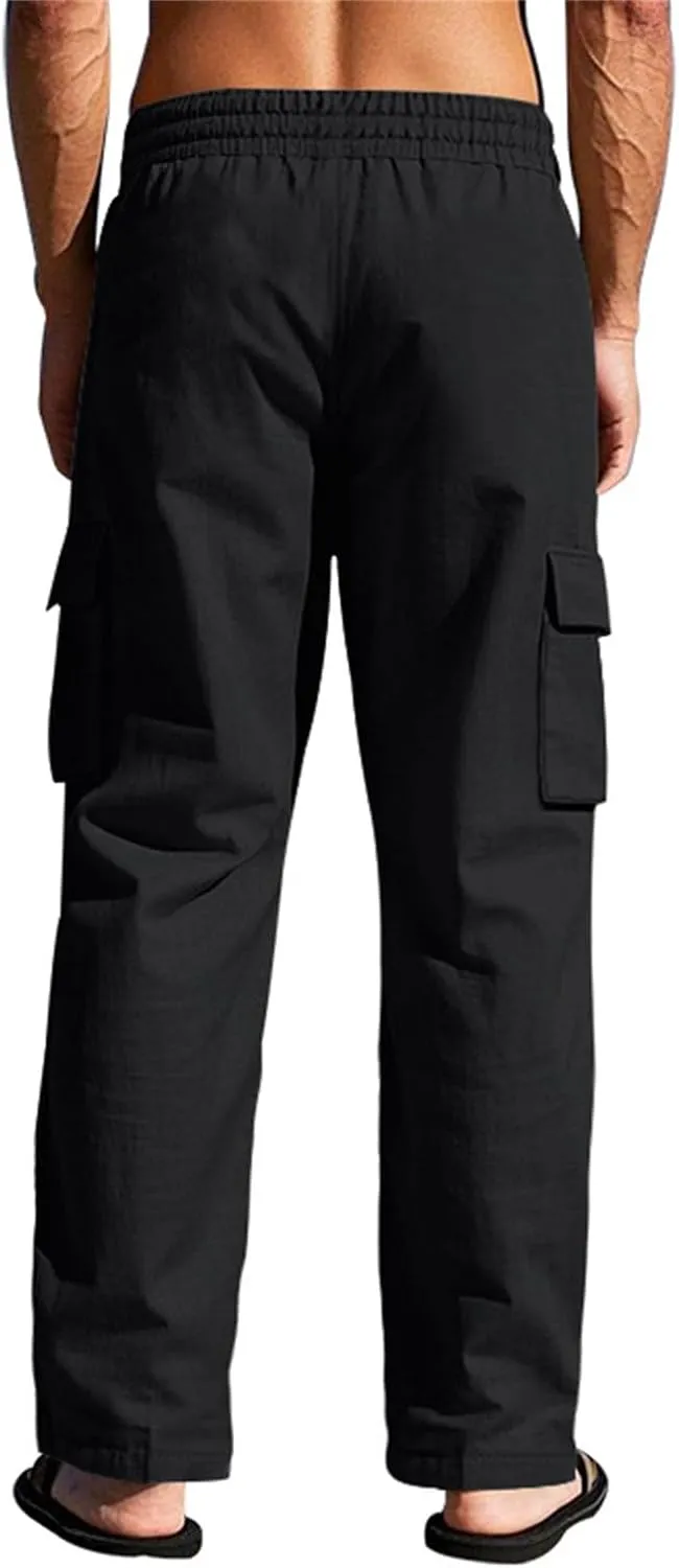 Linen Pants for Men Loose Fit Summer Elastic Waist Wide Leg Men's Pants Dress Drawstring Beach Casual Lounge Trousers