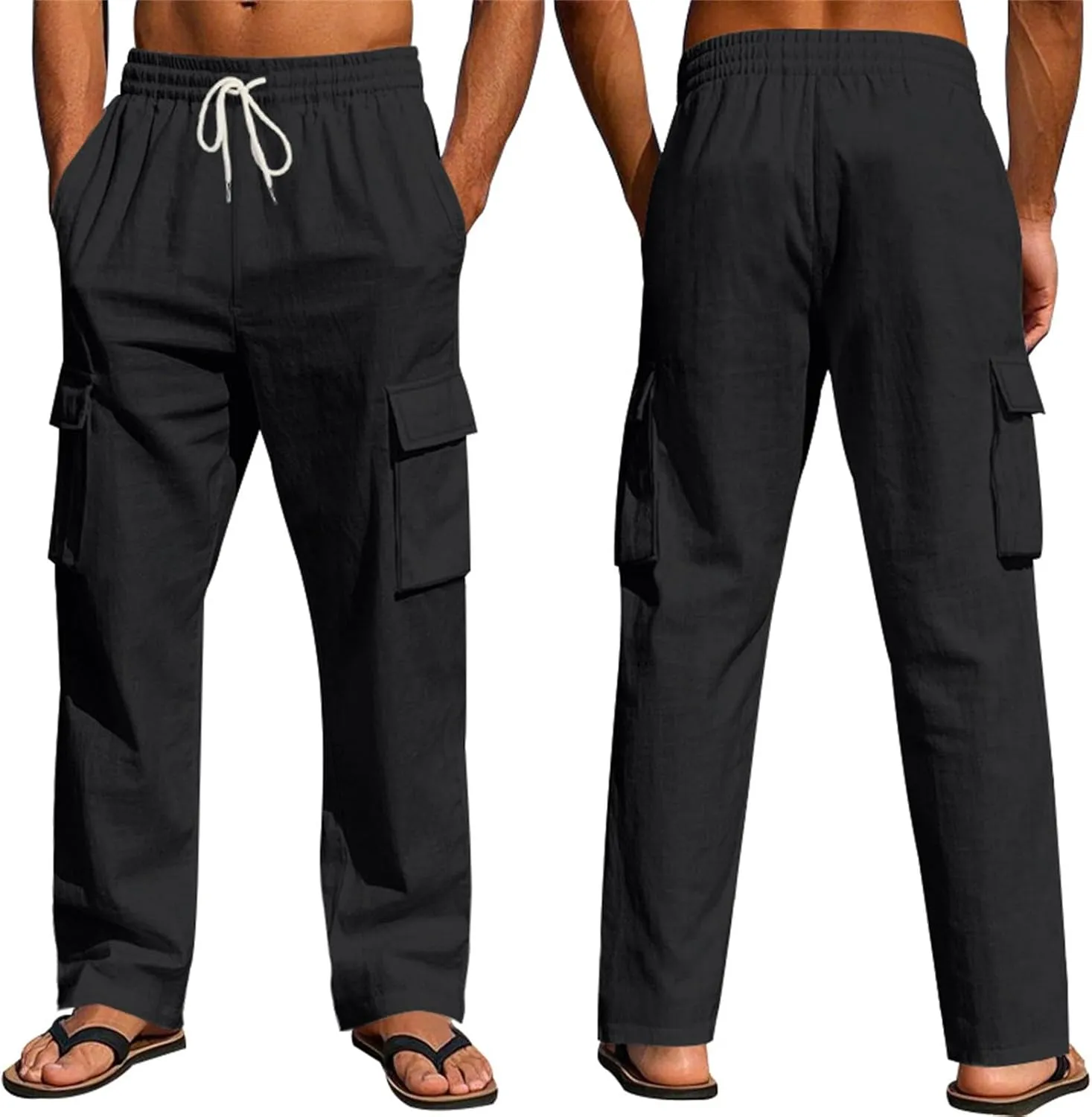 Linen Pants for Men Loose Fit Summer Elastic Waist Wide Leg Men's Pants Dress Drawstring Beach Casual Lounge Trousers