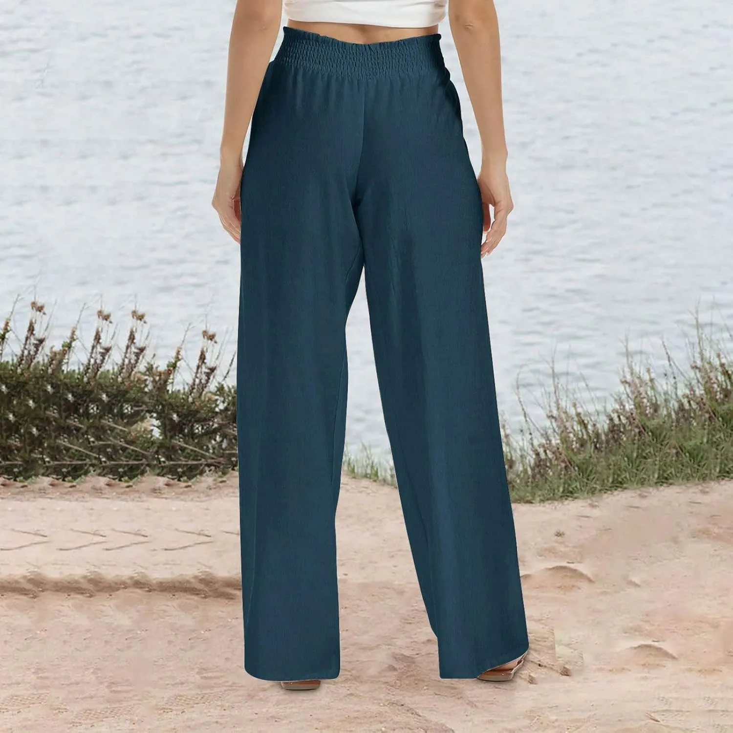 Linen Pants for Women's Smocked High Waist Palazzo Pants Summer Flowy Long Pants Wide Leg Beach Trousers with Pockets