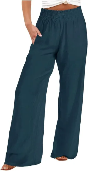 Linen Pants for Women's Smocked High Waist Palazzo Pants Summer Flowy Long Pants Wide Leg Beach Trousers with Pockets