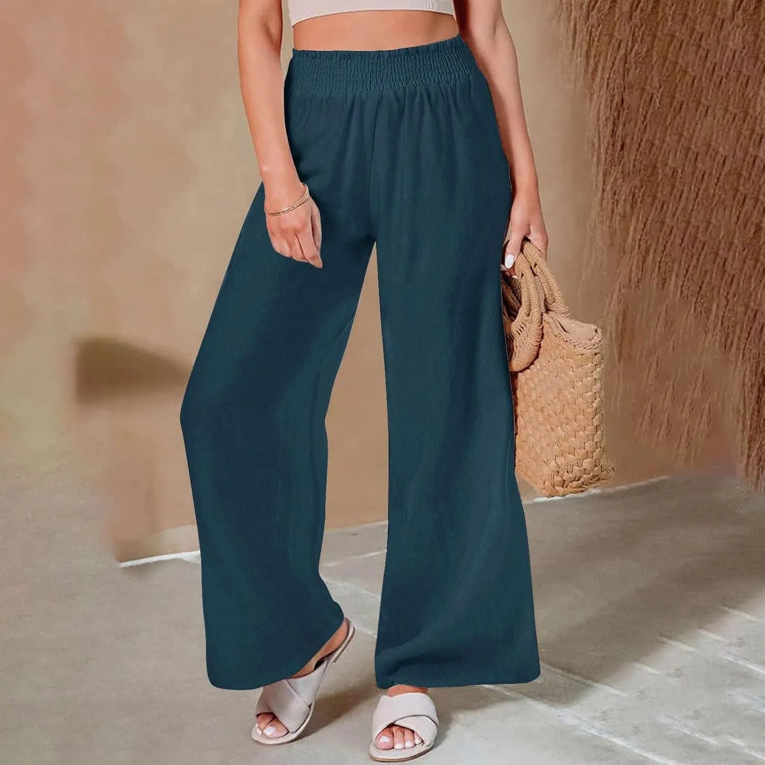 Linen Pants for Women's Smocked High Waist Palazzo Pants Summer Flowy Long Pants Wide Leg Beach Trousers with Pockets