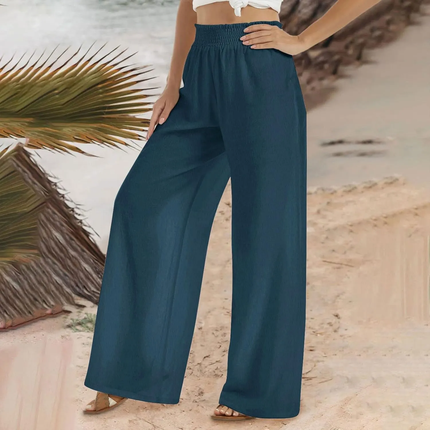 Linen Pants for Women's Smocked High Waist Palazzo Pants Summer Flowy Long Pants Wide Leg Beach Trousers with Pockets