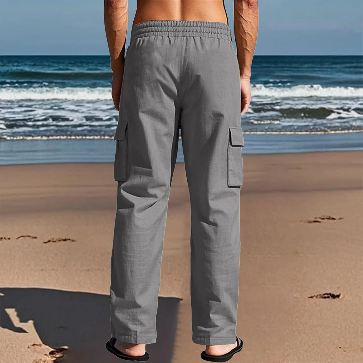 Linen Pants Men Men's Pants Casual Relaxed Fit Straight Leg Drawstring Lightweight Summer Comfort Pant with Pockets