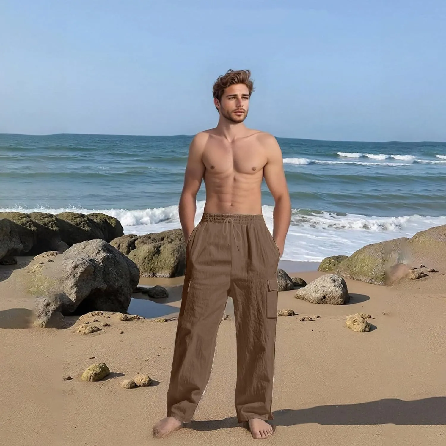 Linen Pants Men Men's Pants Casual Relaxed Fit Straight Leg Drawstring Lightweight Summer Comfort Pant with Pockets