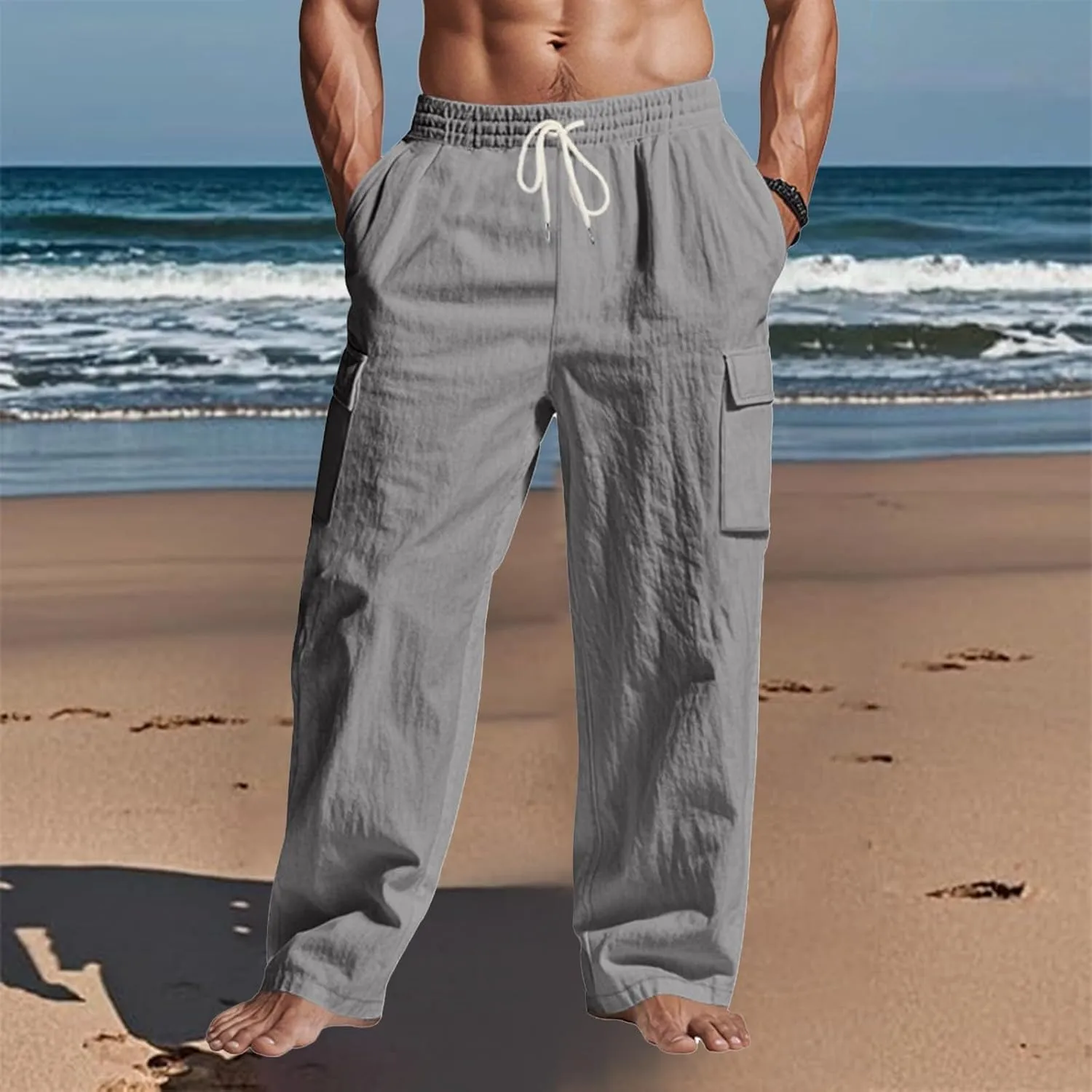 Linen Pants Men Men's Pants Casual Relaxed Fit Straight Leg Drawstring Lightweight Summer Comfort Pant with Pockets
