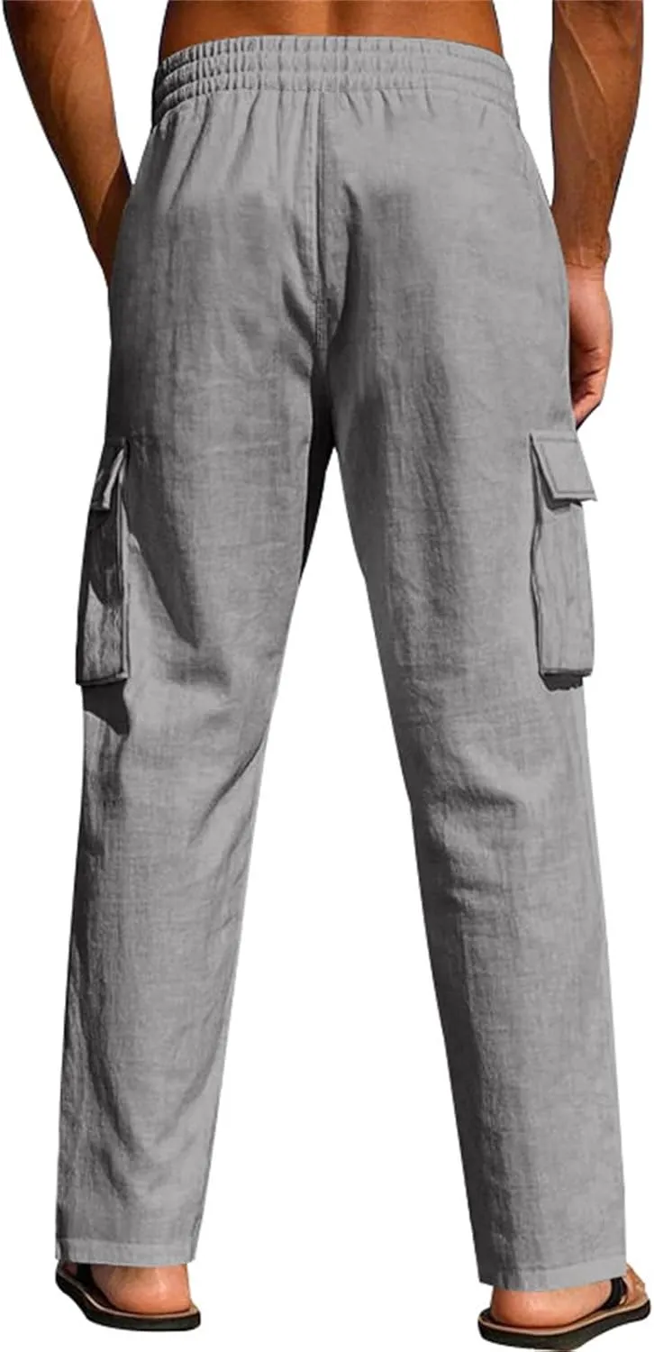 Linen Pants Men Men's Pants Casual Relaxed Fit Straight Leg Drawstring Lightweight Summer Comfort Pant with Pockets