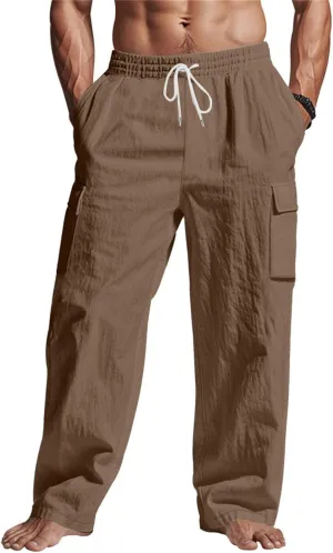 Linen Pants Men Men's Pants Casual Relaxed Fit Straight Leg Drawstring Lightweight Summer Comfort Pant with Pockets
