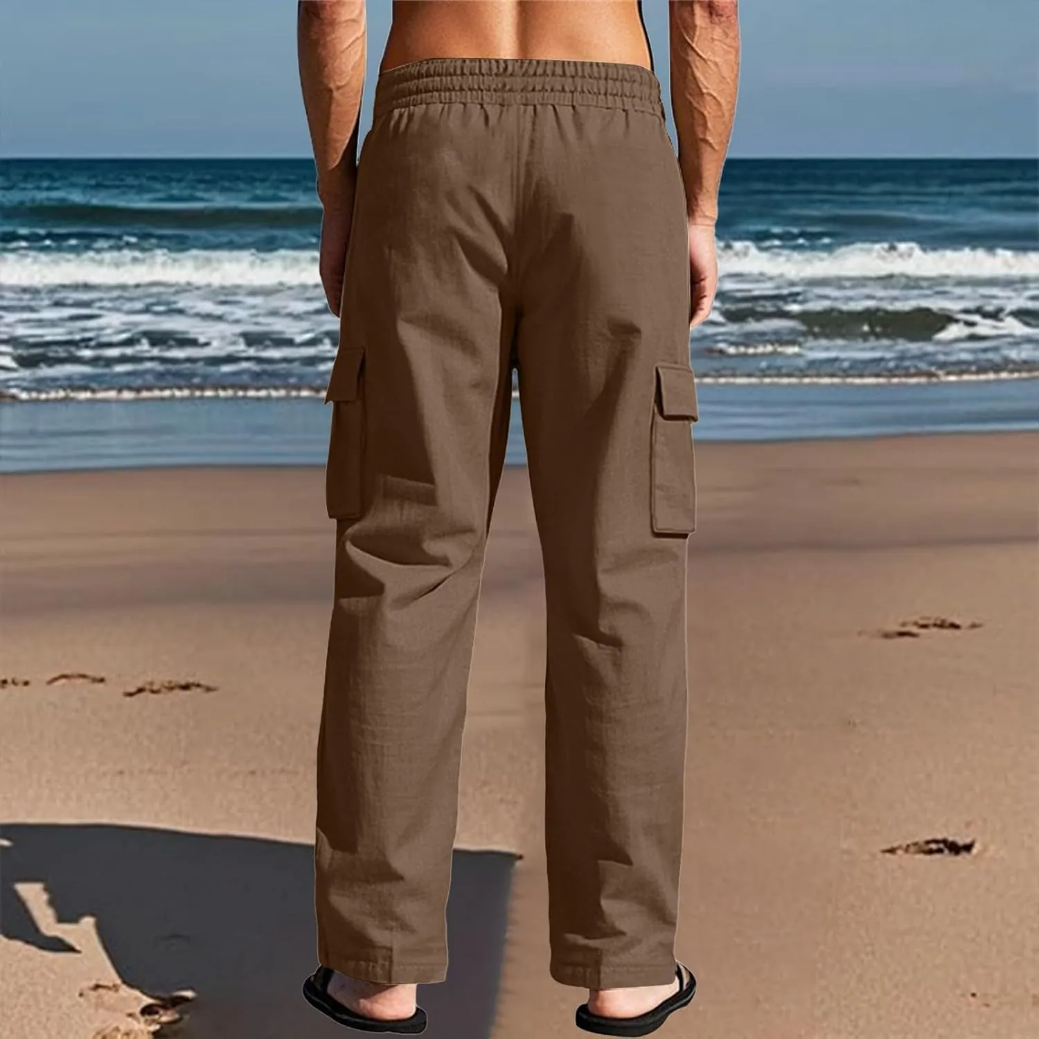 Linen Pants Men Men's Pants Casual Relaxed Fit Straight Leg Drawstring Lightweight Summer Comfort Pant with Pockets