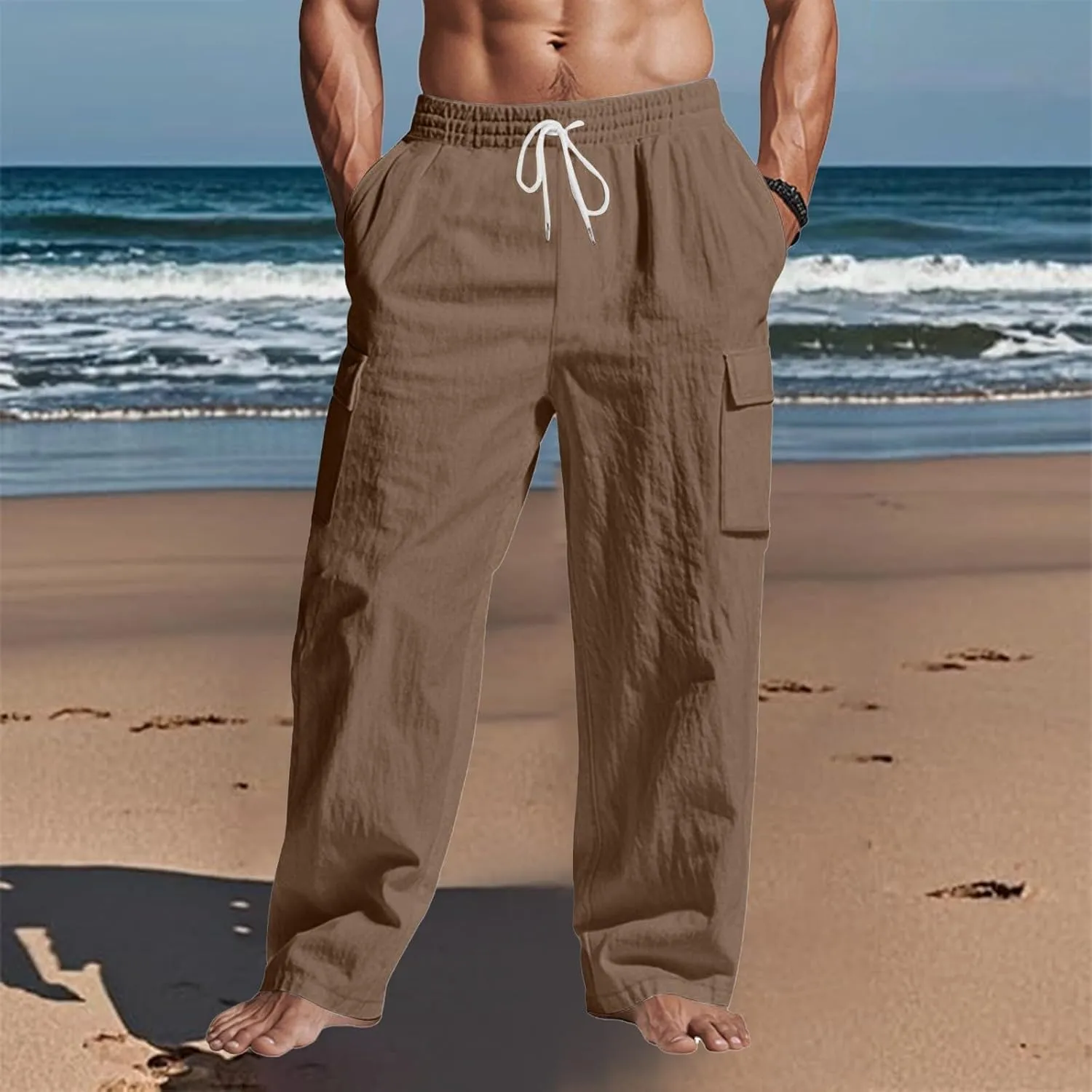 Linen Pants Men Men's Pants Casual Relaxed Fit Straight Leg Drawstring Lightweight Summer Comfort Pant with Pockets