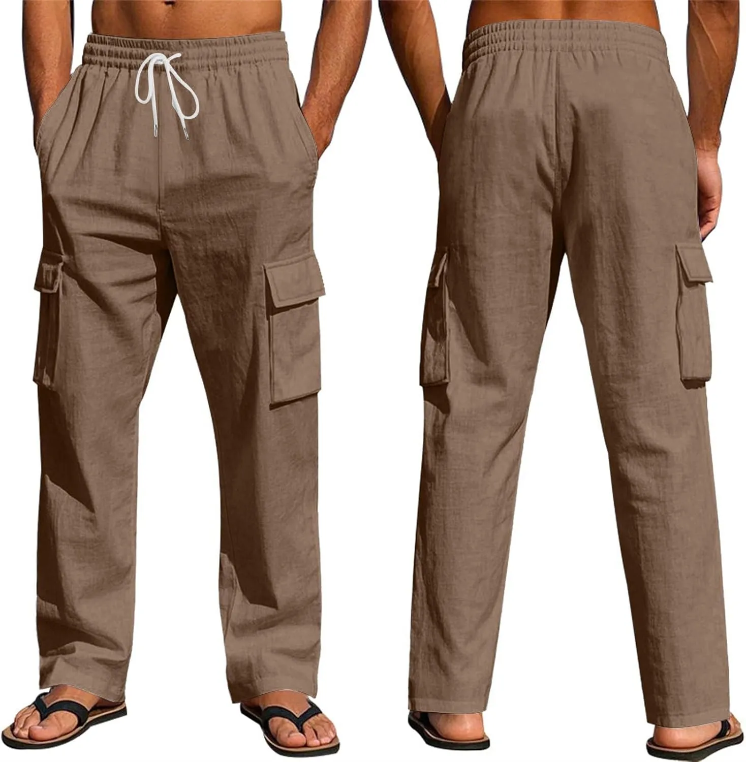 Linen Pants Men Men's Pants Casual Relaxed Fit Straight Leg Drawstring Lightweight Summer Comfort Pant with Pockets