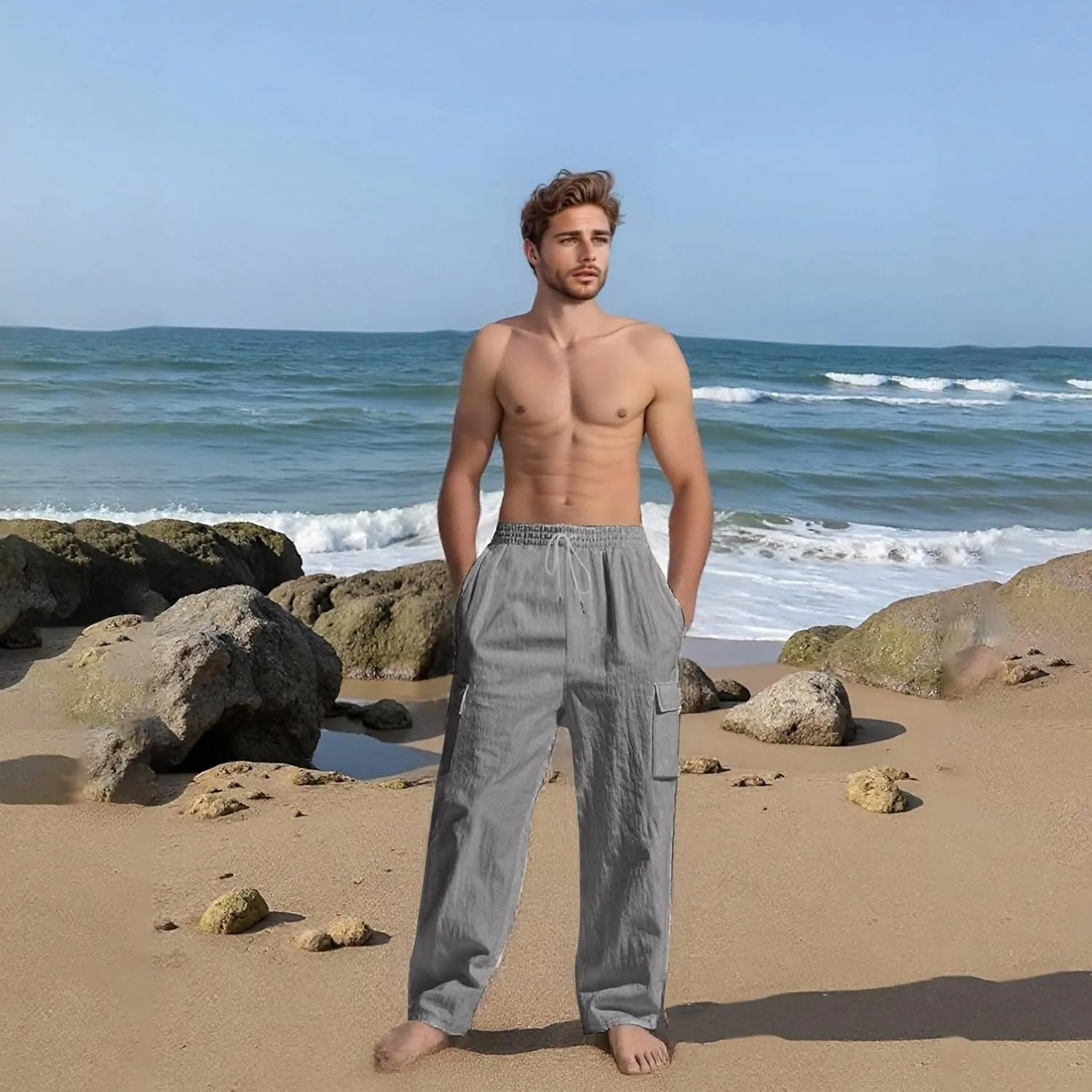 Linen Pants Men Men's Pants Casual Relaxed Fit Straight Leg Drawstring Lightweight Summer Comfort Pant with Pockets