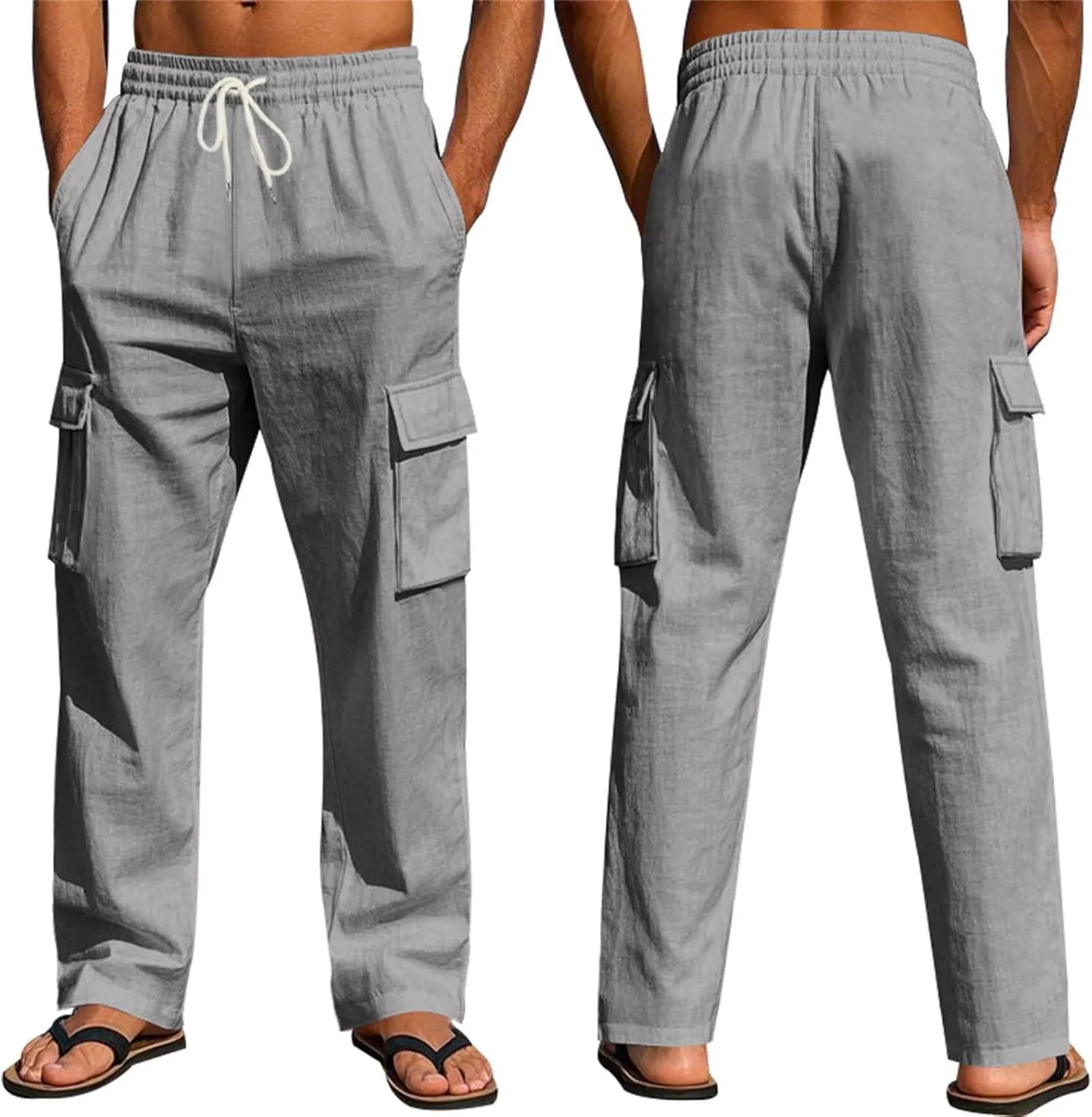 Linen Pants Men Men's Pants Casual Relaxed Fit Straight Leg Drawstring Lightweight Summer Comfort Pant with Pockets