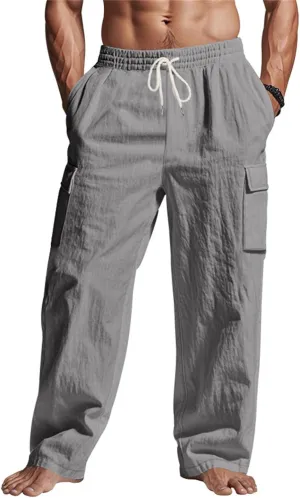 Linen Pants Men Men's Pants Casual Relaxed Fit Straight Leg Drawstring Lightweight Summer Comfort Pant with Pockets