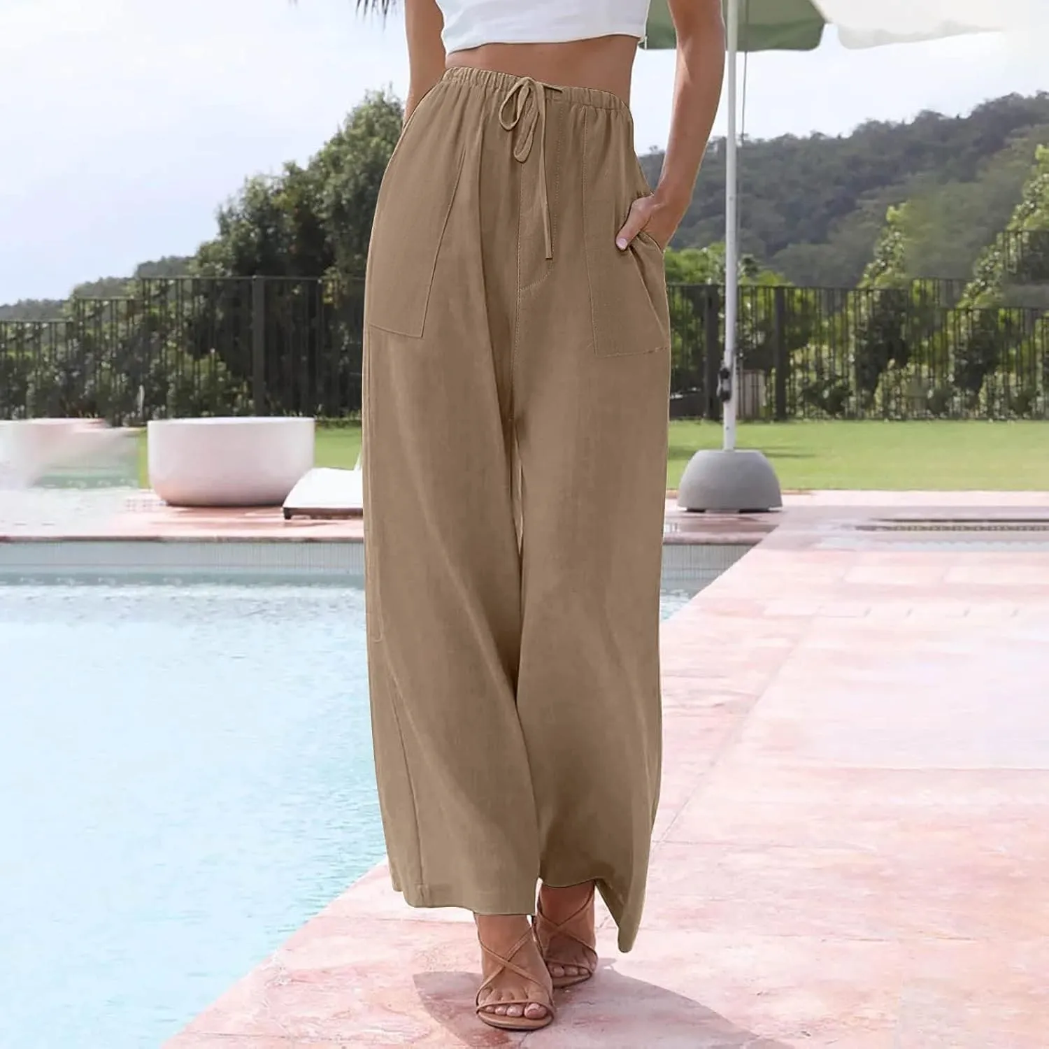 Linen Pants Women Drawstring High Waist Wide Leg Pants Long Palazzo Beach Pant with Pockets Casual Travel Vacation Outfits