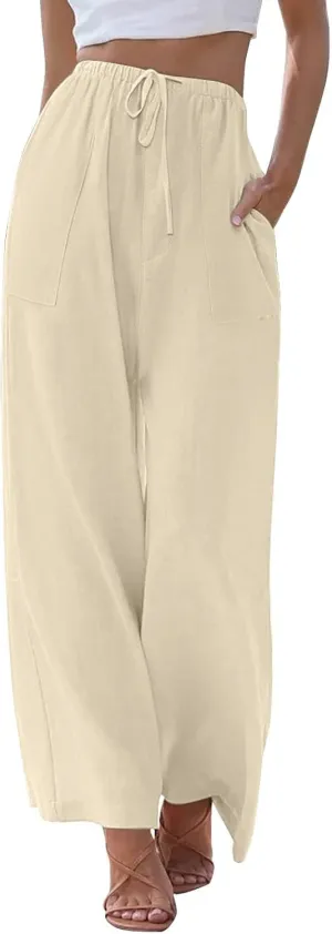 Linen Pants Women Drawstring High Waist Wide Leg Pants Long Palazzo Beach Pant with Pockets Casual Travel Vacation Outfits