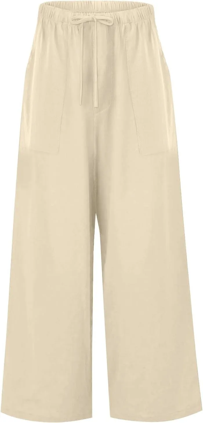 Linen Pants Women Drawstring High Waist Wide Leg Pants Long Palazzo Beach Pant with Pockets Casual Travel Vacation Outfits