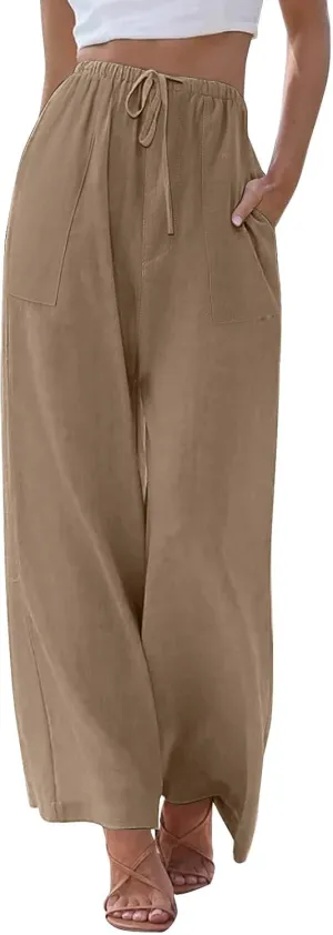 Linen Pants Women Drawstring High Waist Wide Leg Pants Long Palazzo Beach Pant with Pockets Casual Travel Vacation Outfits