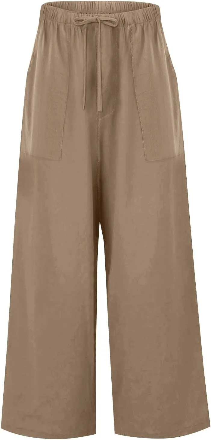 Linen Pants Women Drawstring High Waist Wide Leg Pants Long Palazzo Beach Pant with Pockets Casual Travel Vacation Outfits