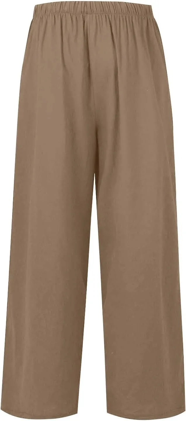Linen Pants Women Drawstring High Waist Wide Leg Pants Long Palazzo Beach Pant with Pockets Casual Travel Vacation Outfits
