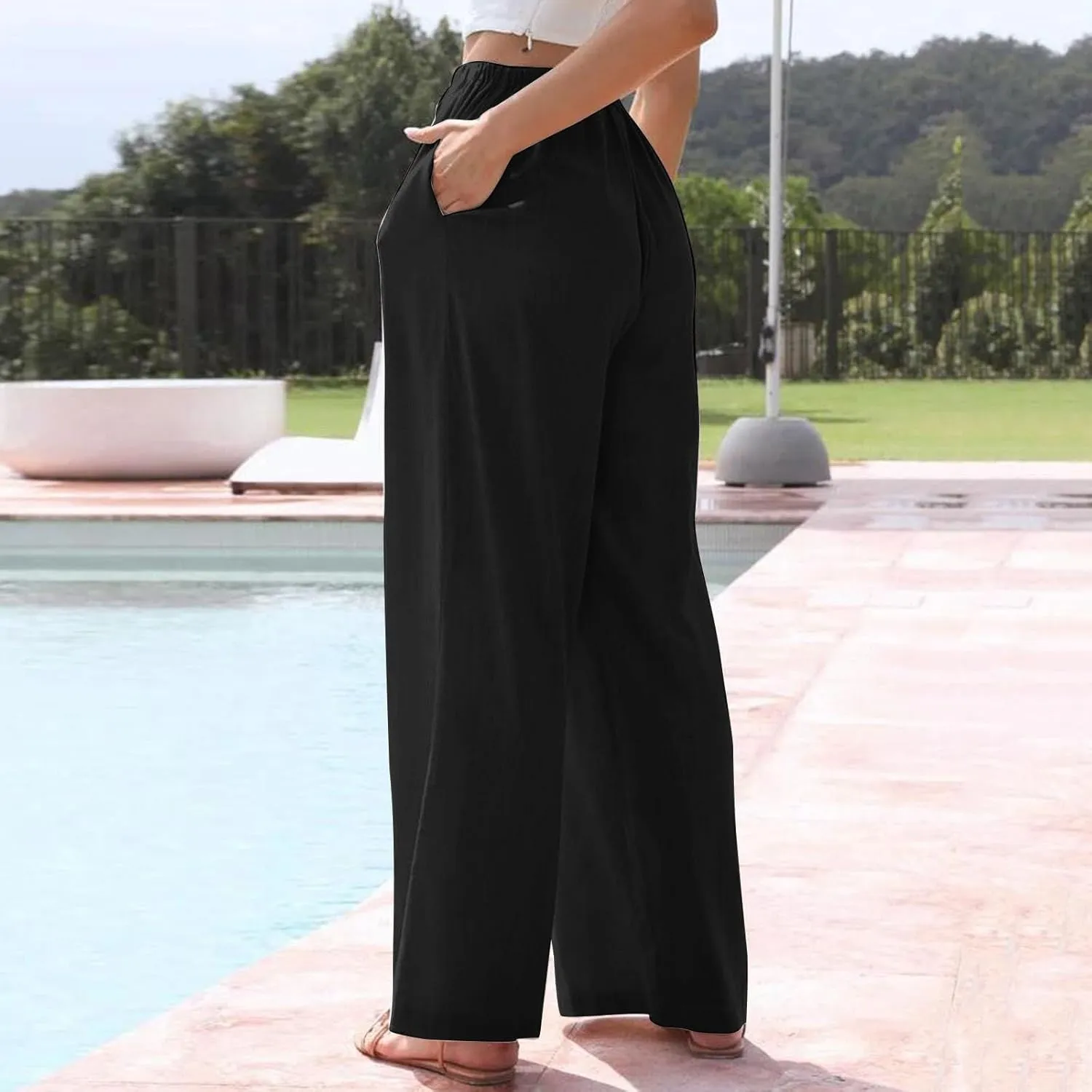 Linen Pants Women Drawstring High Waist Wide Leg Pants Long Palazzo Beach Pant with Pockets Casual Travel Vacation Outfits