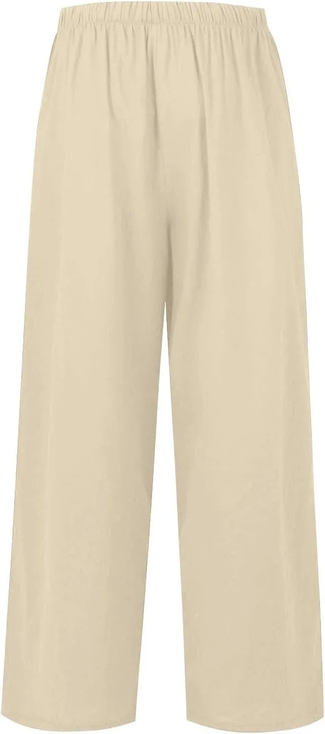 Linen Pants Women Drawstring High Waist Wide Leg Pants Long Palazzo Beach Pant with Pockets Casual Travel Vacation Outfits