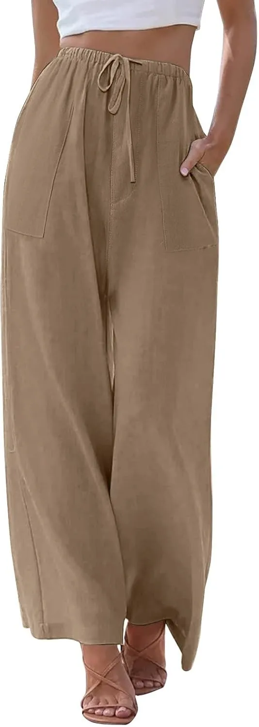 Linen Pants Women Drawstring High Waist Wide Leg Pants Long Palazzo Beach Pant with Pockets Casual Travel Vacation Outfits