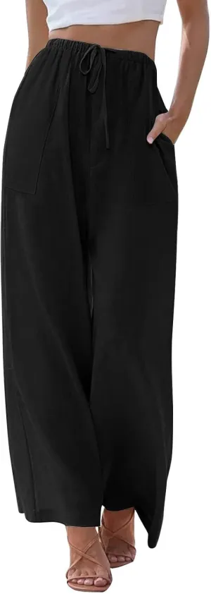Linen Pants Women Drawstring High Waist Wide Leg Pants Long Palazzo Beach Pant with Pockets Casual Travel Vacation Outfits