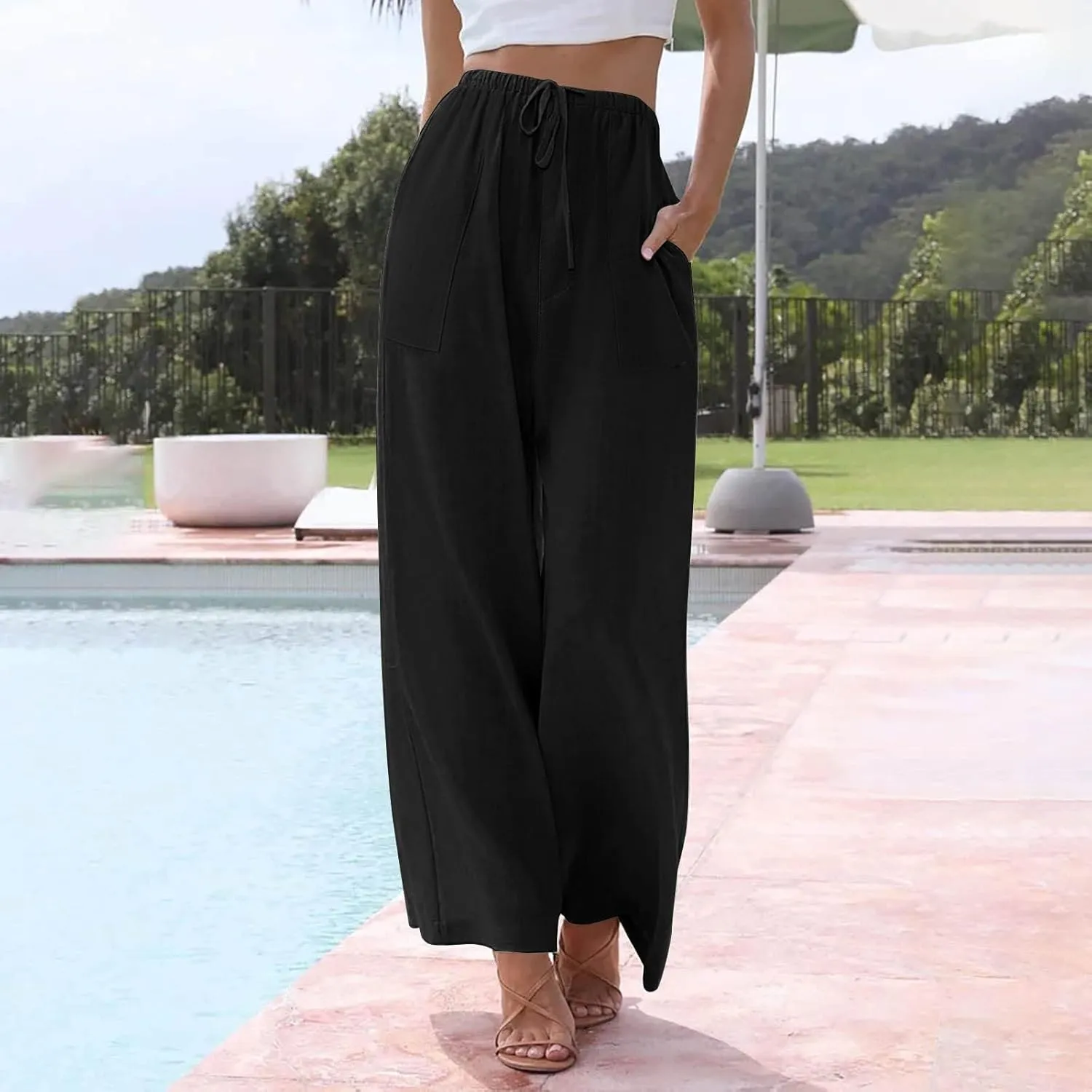 Linen Pants Women Drawstring High Waist Wide Leg Pants Long Palazzo Beach Pant with Pockets Casual Travel Vacation Outfits