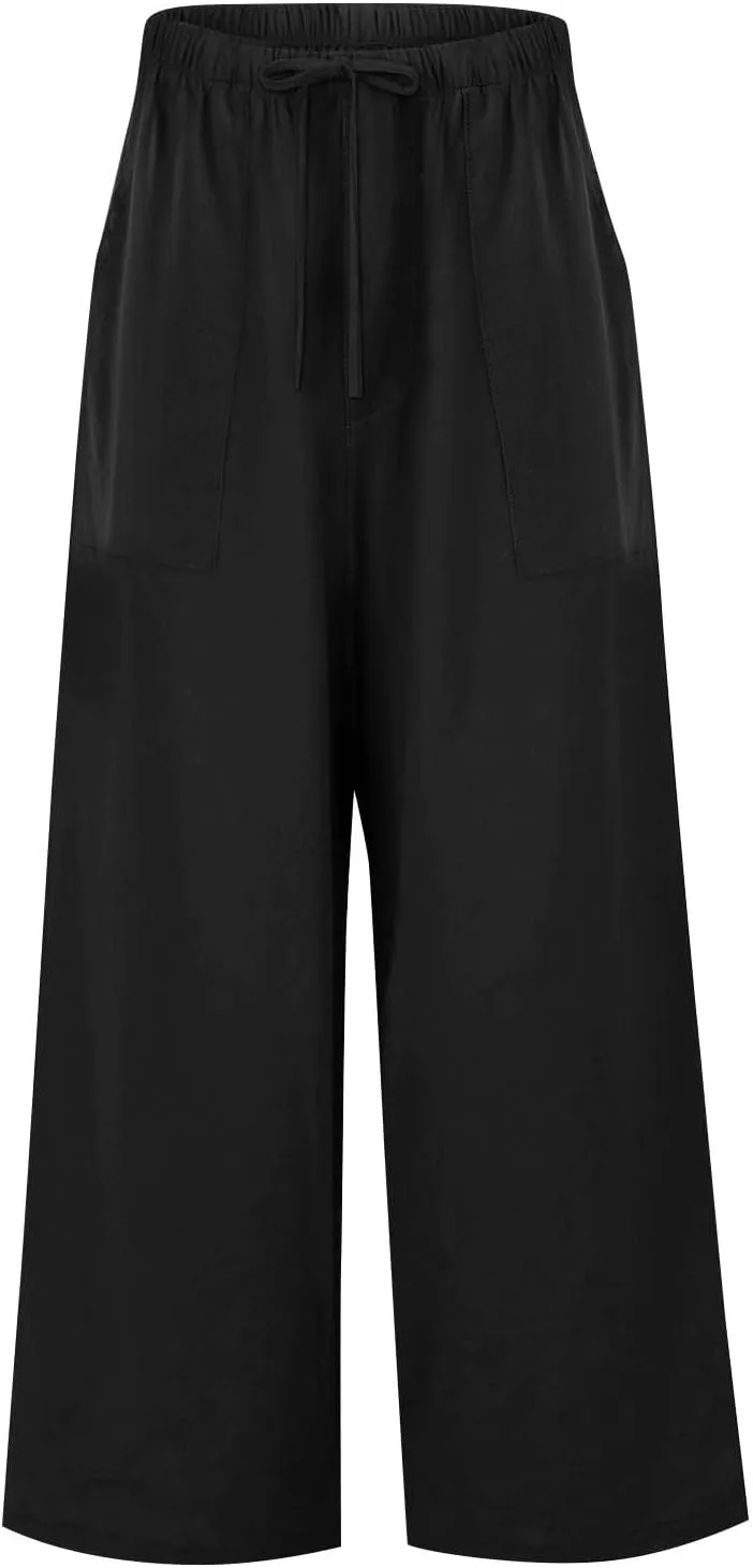 Linen Pants Women Drawstring High Waist Wide Leg Pants Long Palazzo Beach Pant with Pockets Casual Travel Vacation Outfits