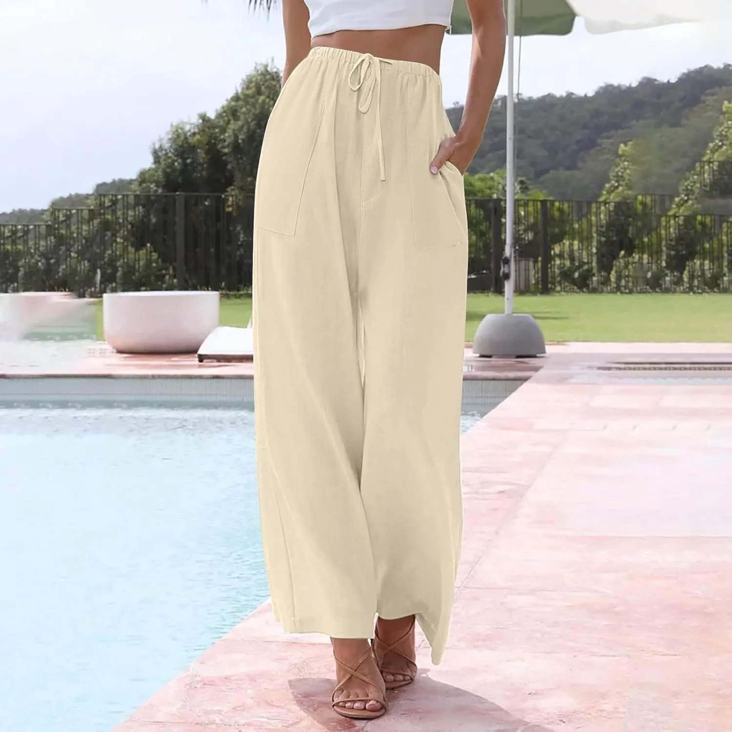 Linen Pants Women Drawstring High Waist Wide Leg Pants Long Palazzo Beach Pant with Pockets Casual Travel Vacation Outfits