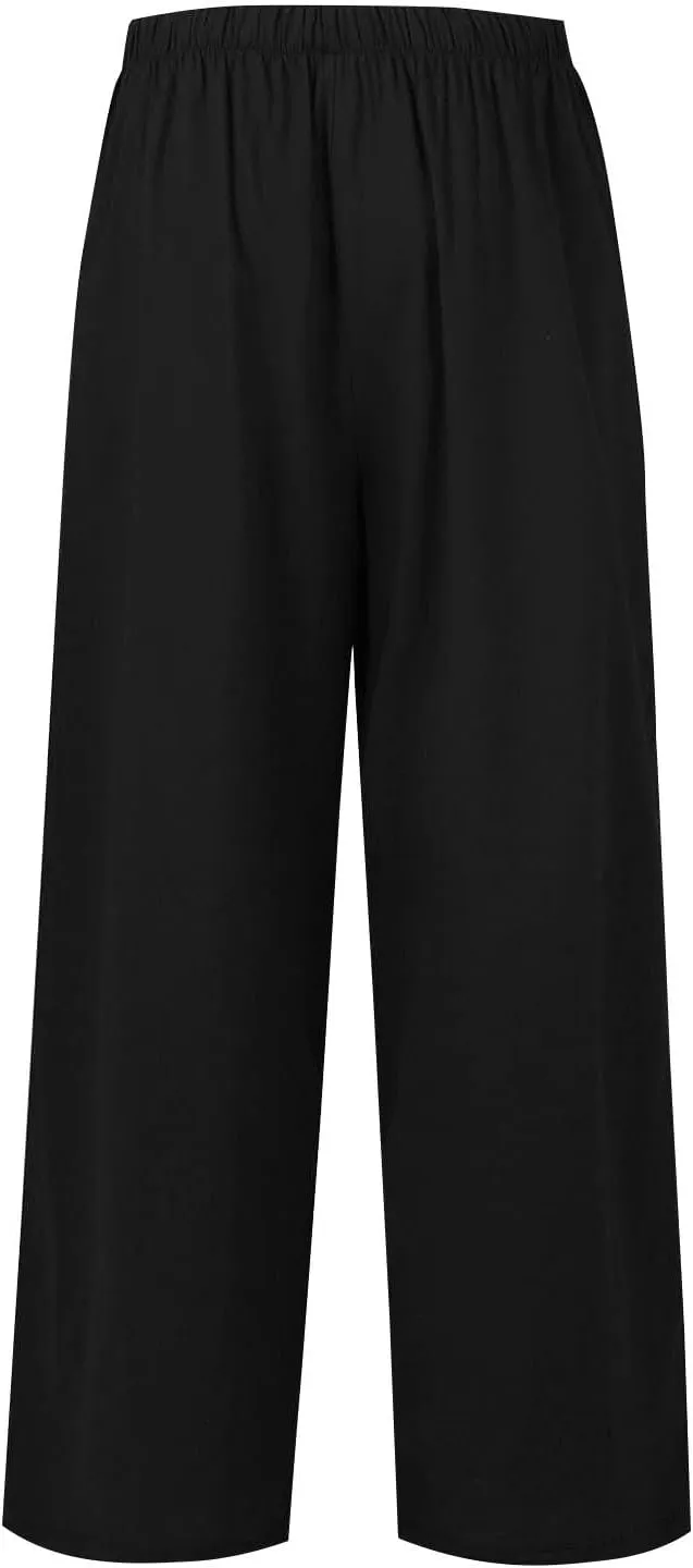 Linen Pants Women Drawstring High Waist Wide Leg Pants Long Palazzo Beach Pant with Pockets Casual Travel Vacation Outfits