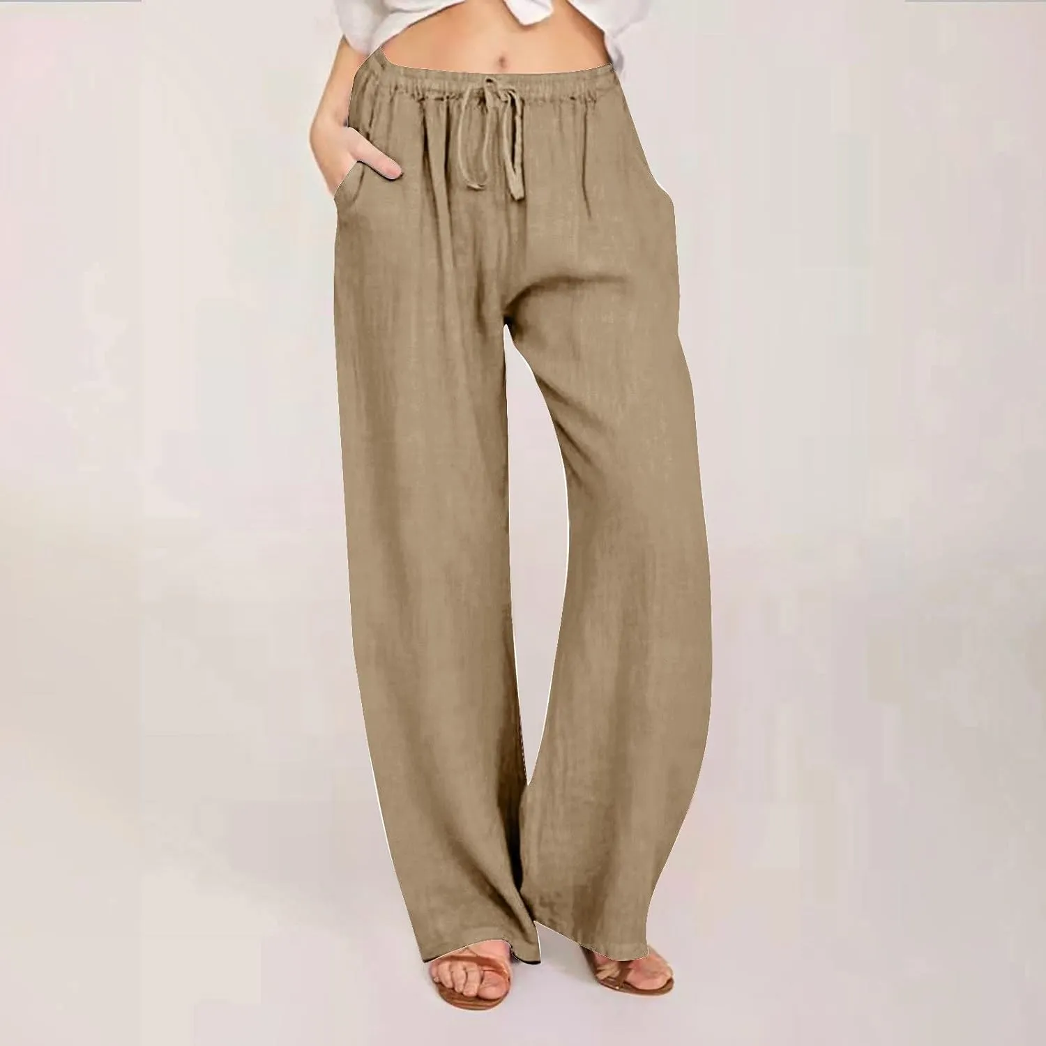 Linen Pants Women High Waist Wide Leg Pants Summer Solid Comfortable Boho Lounge Beach Trousers with Pockets